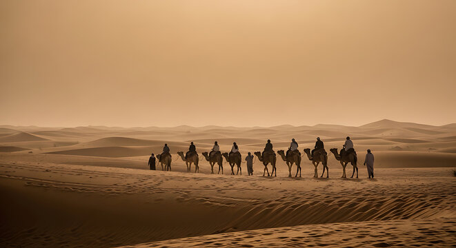 Camel caravan crossing a vast desert landscape with sand dunes