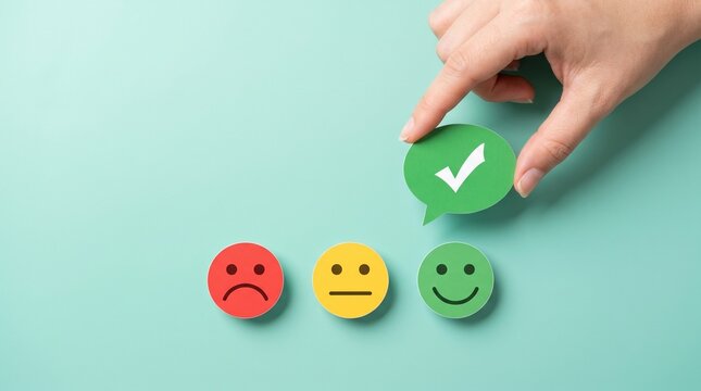 Customer satisfaction survey icons on mint background, hand choosing green happy face, feedback evaluation and rating concept