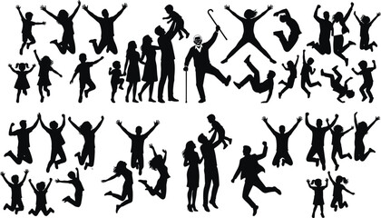 Fototapeta premium Happy family jumping silhouettes, people of all ages celebrating together, diverse characters having fun, black isolated life icons, joy