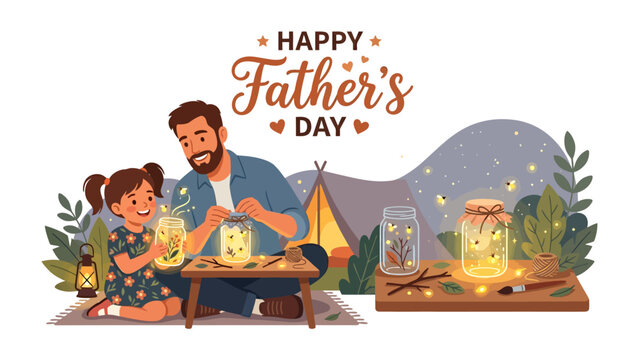 Happy Father's Day Lantern Craft: A father and daughter engage in a delightful Father's Day activity, creating illuminated lanterns with fireflies inside a jar.