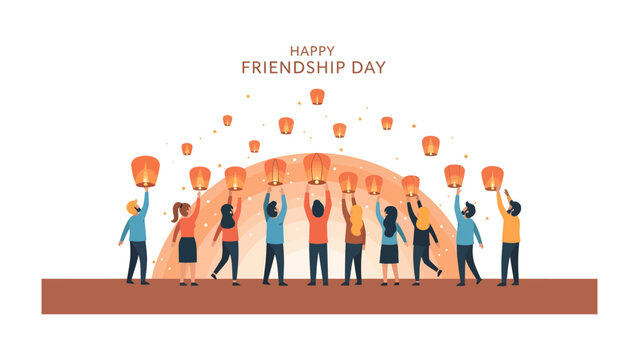 Celebration of Friendship Day: A diverse group of friends gathers to release illuminated sky lanterns, symbolizing hope, unity, and shared dreams on this special occasion.