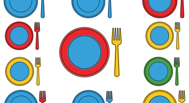 Seamless pattern of colorful dinner plates and forks on a white background