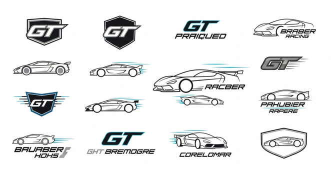 Collection of GT car logos and illustrations.