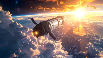 Spacecraft ascends with radiant sunrise and clouds
