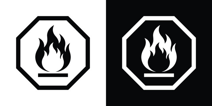 Vector flammable hazard sign icon. Black and white fire symbol inside an octagon, ideal for industrial safety warning labels.