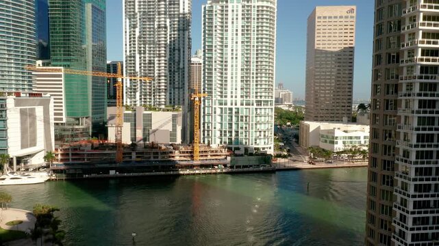 Aerial shot of the beautiful buildings along the ocean in Miami Florida