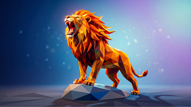 Roaring Lion on Rock with Neon Cyberpunk Background Low Poly 3D Illustration