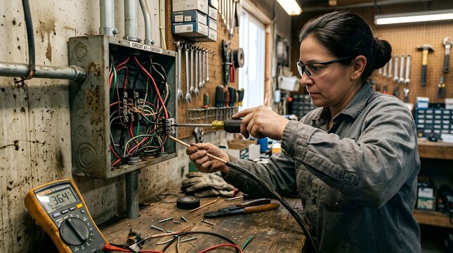 Female electrician working on electrical panel, using tools in workshop