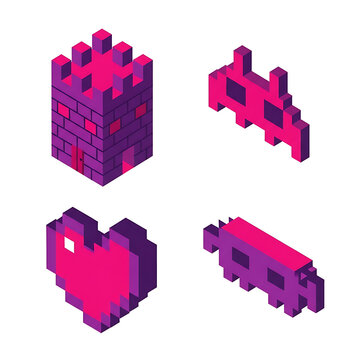 Set of four pixel art icons including a castle heart and space invaders with videogame nostalgia computer collection adventure