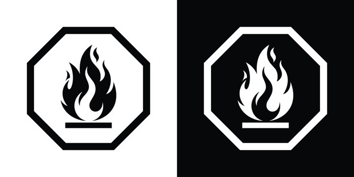 Vector flammable hazard sign icon. Black and white fire symbol inside an octagon, ideal for industrial safety warning labels.