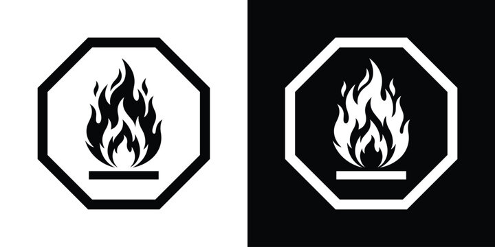 Vector flammable hazard sign icon. Black and white fire symbol inside an octagon, ideal for industrial safety warning labels.