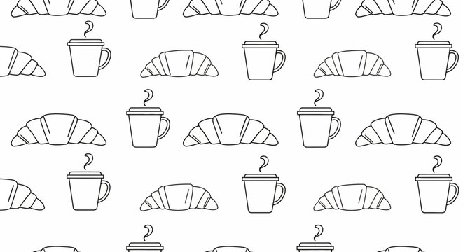 Seamless pattern of croissants and coffee cups