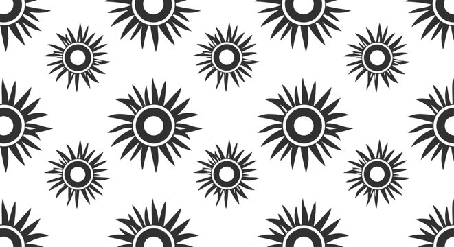 Seamless pattern of black sun icons with rays on a white background.