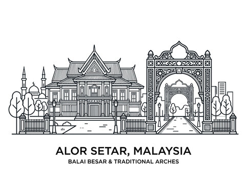 Outline illustration showcasing iconic Balai Besar, traditional arches, and mosque in Alor Setar, Malaysia, representing the city's unique architecture and cultural heritage