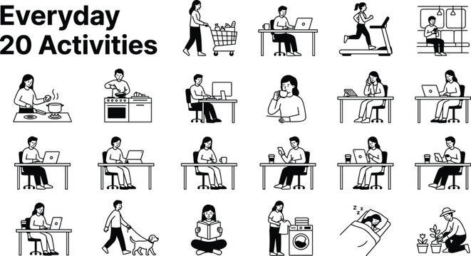 Everyday lifestyle activity icon set vector illustration with working shopping fitness studying and home routine concepts
