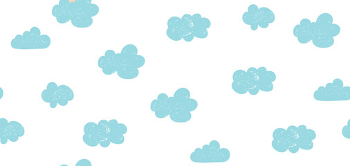 Obraz premium A cute seamless vector pattern featuring light blue hand-drawn clouds with a subtle grunge texture isolated on a white background. This simple, minimalist sky design is ideal for kids' wallpaper, nurs