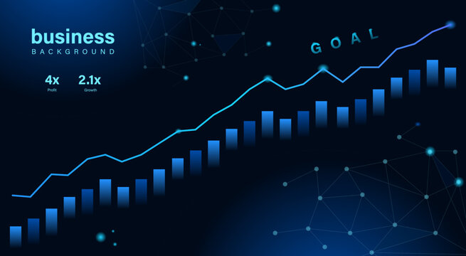 A dark blue background displays a glowing line graph and bar chart showing business growth and profit 4x, 2.1x, with subtle network elements and a GOAL text.
