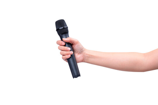 A close-up photograph of a hand holding a microphone, isolated on a transparent background, suitable for a variety of media such as technology, marketing, and product placement, is ideal choice.