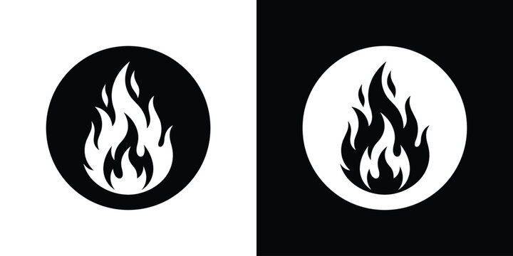 Minimalist fire flame icon inside a solid circle. Flat black and white graphic vector element for branding, energy logos, or warning labels.
