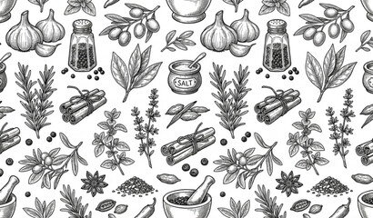 Vintage spice seamless pattern with garlic pepper shaker olive and bay leaf vector illustration © MstLima