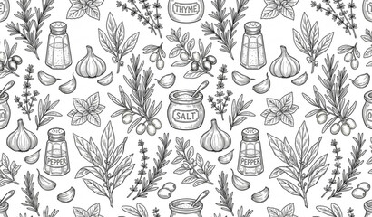 Hand drawn kitchen spice pattern with herbs garlic and pepper in vintage seamless vector style © MstLima