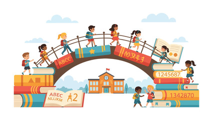 Bridge of Knowledge: Children cross a whimsical bridge constructed from oversized books, leading towards a school building, symbolizing the journey of education and learning. © Mahbuba