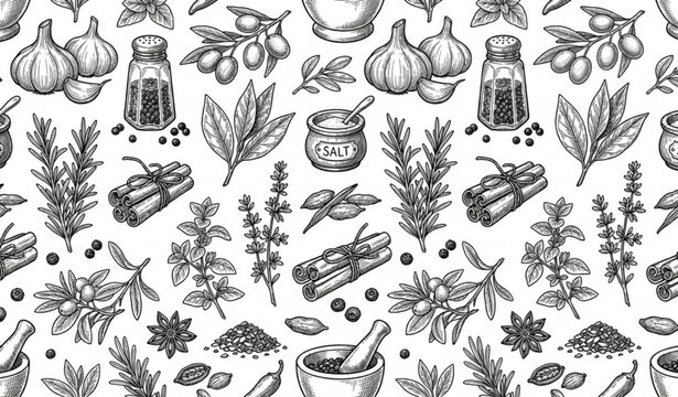 Vintage spice seamless pattern with garlic pepper shaker olive and bay leaf vector illustration