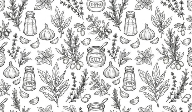Hand drawn kitchen spice pattern with herbs garlic and pepper in vintage seamless vector style