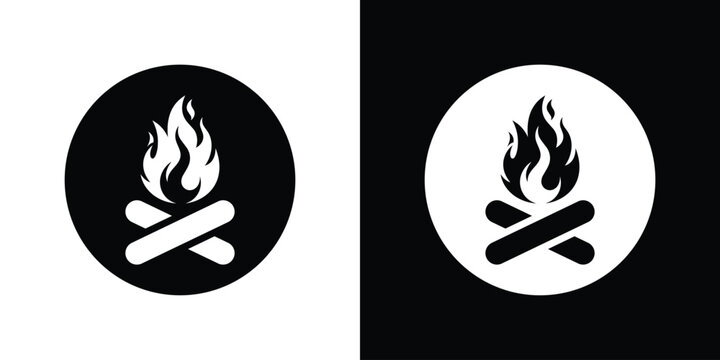 Campfire graphic inside a round circle badge. Minimalist black and white burning bonfire with crossed logs icon for outdoor and camping designs.