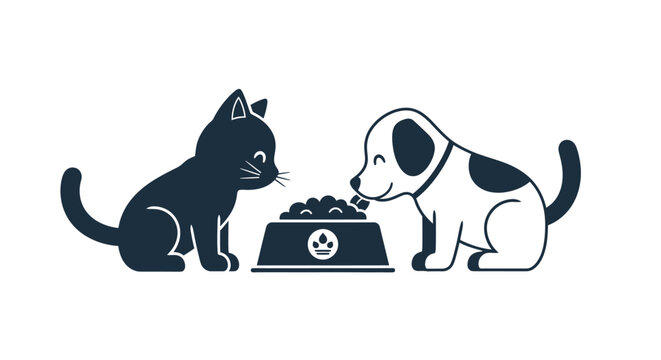 Black cat and dog eating together.
