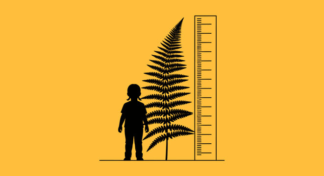 Silhouette of a child standing next to a growing fractal fern and a ruler, illustrating growth, natural patterns, and the concept of measurement and development.