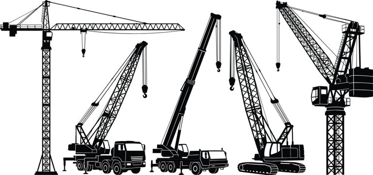 Construction Crane and Mobile Crane Silhouette Vector Set Featuring Tower, Truck, and Excavator Cranes in Bold Black Design