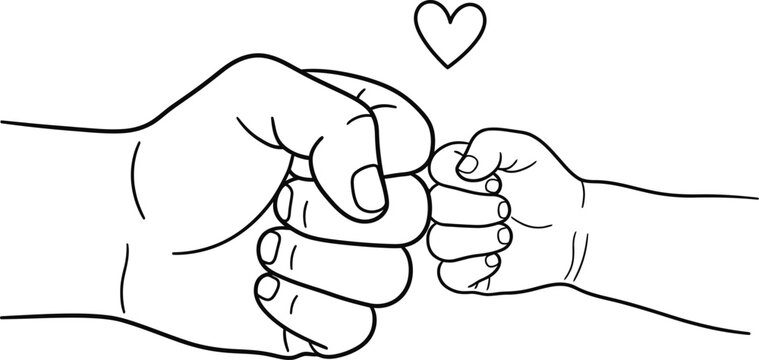 Black and white line art illustration of an adult hand and a baby hand doing a fist bump with a small heart symbol above them.