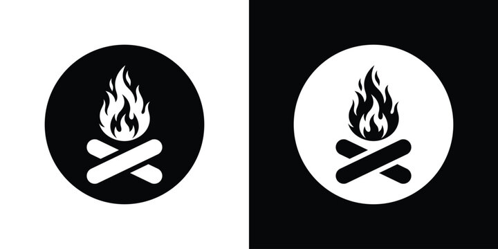 Campfire graphic inside a round circle badge. Minimalist black and white burning bonfire with crossed logs icon for outdoor and camping designs.