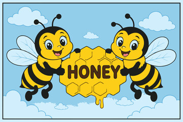 Fototapeta premium Two cartoon bees smiling with honeycomb and dripping honey Vector