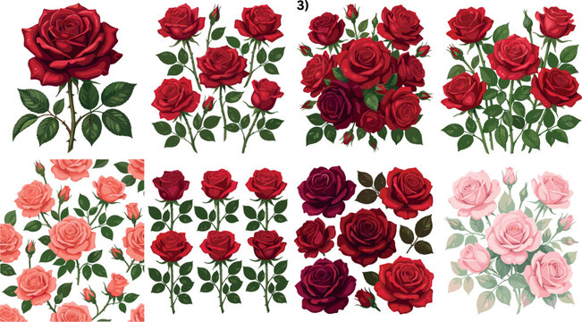 Beautiful red and pink rose flower vector illustration set with bouquets seamless pattern buds and green leaves for romantic wedding invitation and greeting cards design.