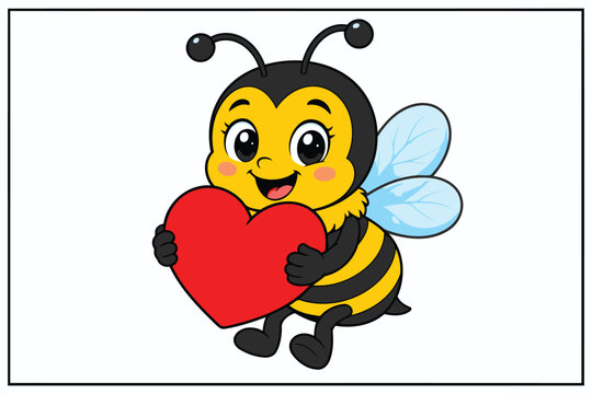 Cute cartoon bee holding a red heart with friendly smile Vector