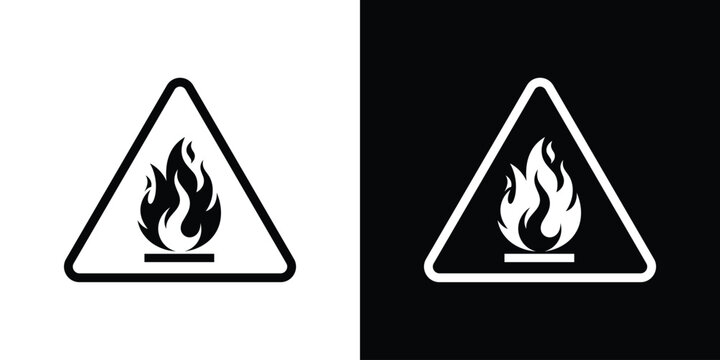 Flammable danger warning sign. Black and white triangle hazard symbol with a fire flame icon for chemical, industrial, and workspace safety labels.
