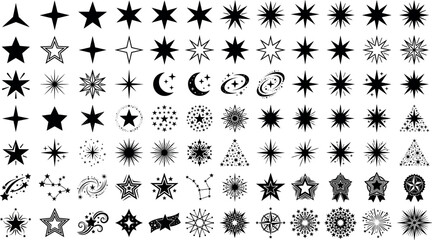 Black star icons and sparkle shapes vector illustration mega set with constellations celestial moons and galaxy elements for magic night sky background design. © MdShakib