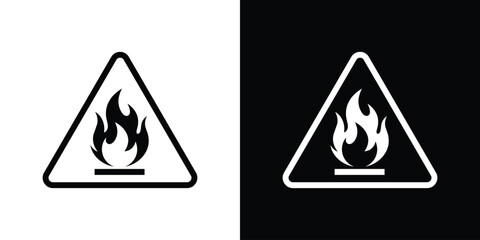 Flammable danger warning sign. Black and white triangle hazard symbol with a fire flame icon for chemical, industrial, and workspace safety labels. © bibin
