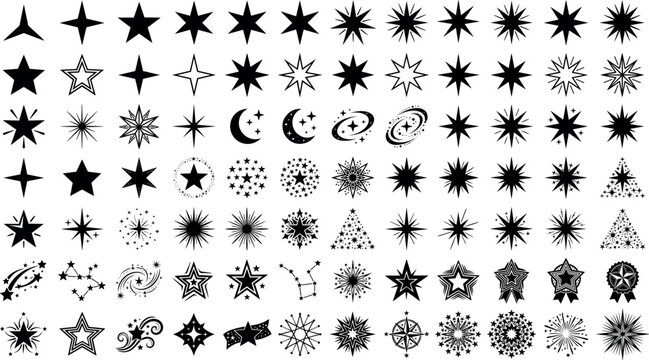 Black star icons and sparkle shapes vector illustration mega set with constellations celestial moons and galaxy elements for magic night sky background design.