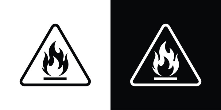 Flammable danger warning sign. Black and white triangle hazard symbol with a fire flame icon for chemical, industrial, and workspace safety labels.