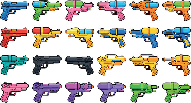 Colorful water gun vector illustration set with various plastic squirt pistol designs for summer beach pool party and outdoor children game activity.