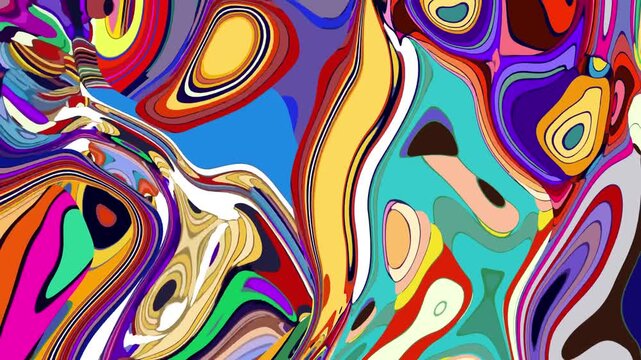 Vibrant abstract painting with swirling colorful patterns and shapes