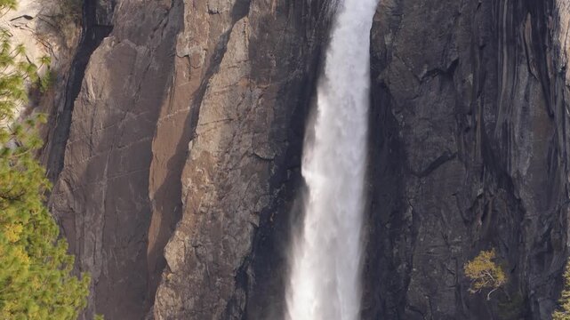 Close up shhot of the amazing Yosemite Falls at Yosemite National Park in California.