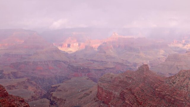Winter snow storm at the Grand Canyon National Park in Arizona. Snow Motion.
