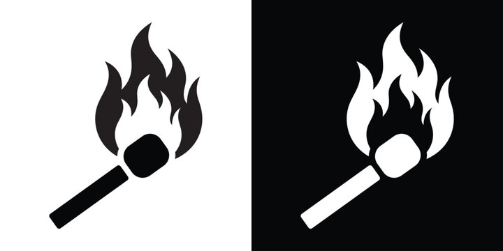Burning match stick vector icon. Black and white safety match silhouette with a large flame, perfect for fire safety, ignition, or warning labels.