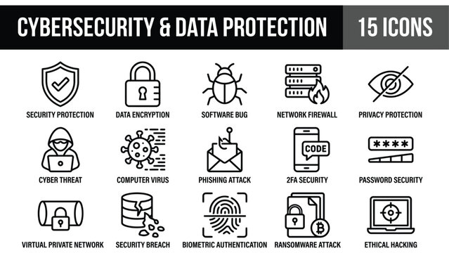 Cybersecurity and data protection icons set