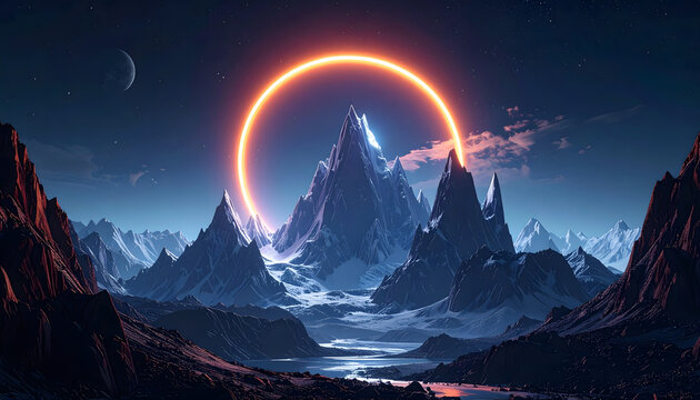 Alien peaks shine under glowing celestial ring in a futuristic mountain landscape