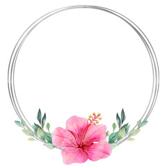 Beautiful pink hibiscus flower with green leaves arranged in a silver round frame for decoration © epos studio art